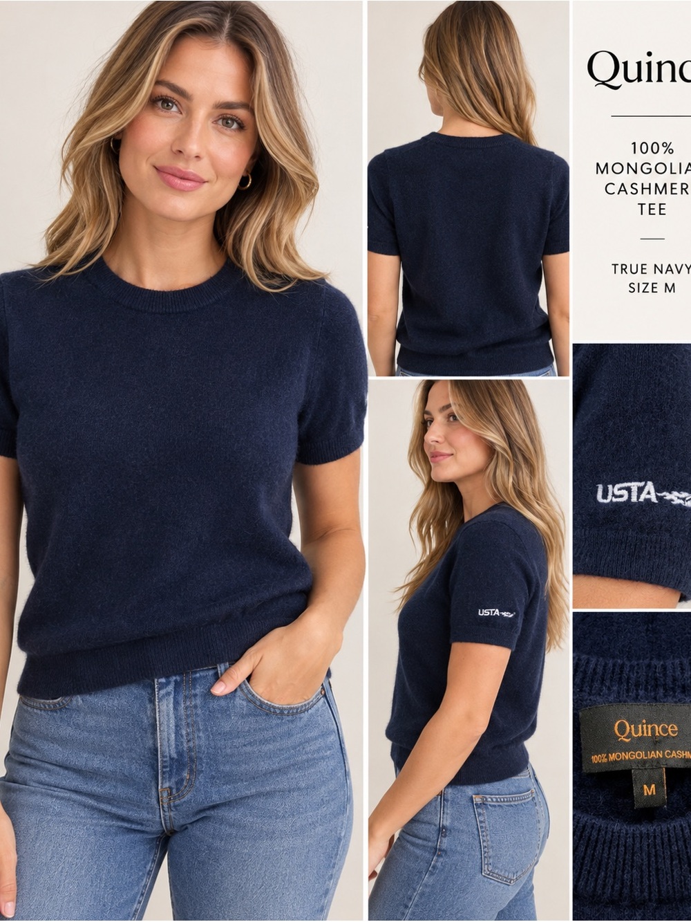 Quince 100% Mongolian Cashmere Tee Navy USTA Tennis Size M